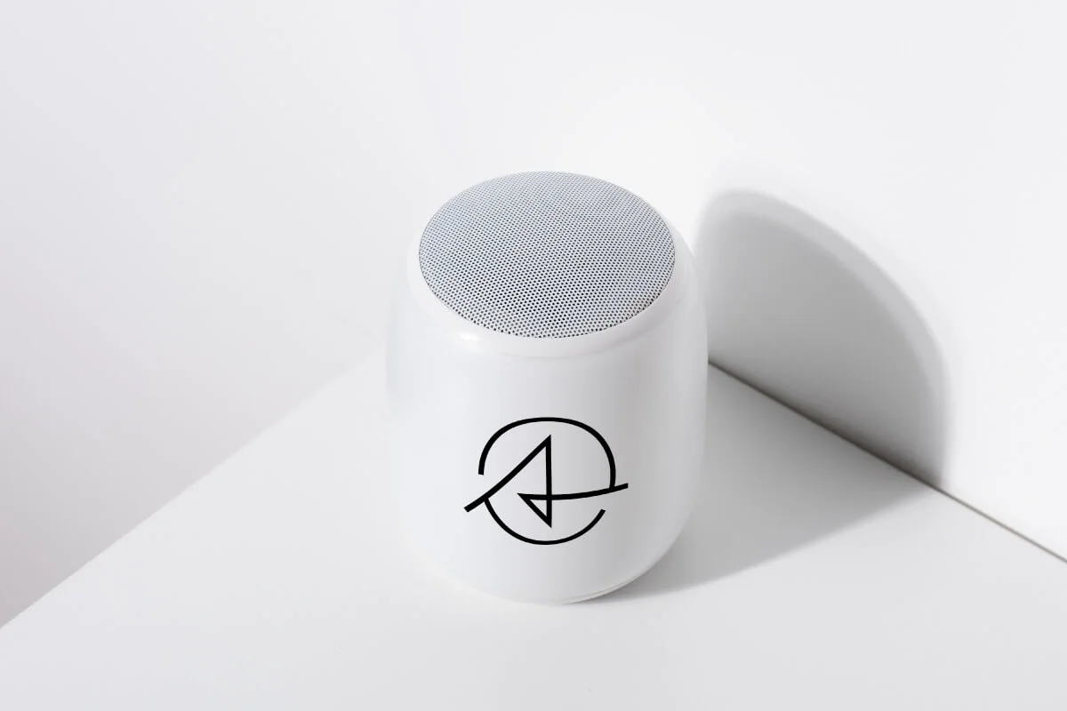 Branded Bluetooth speaker e with custom logo print for employer branding.
