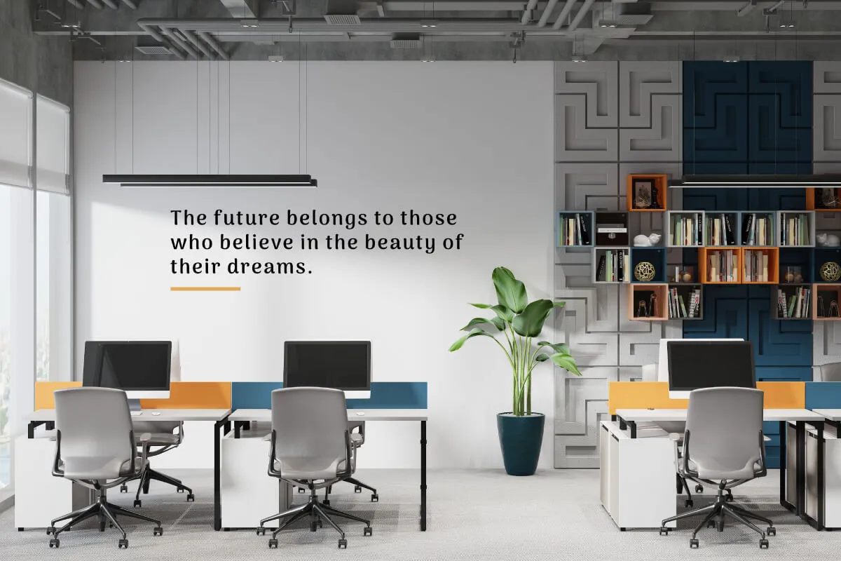 Modern office interior design with a custom branded wall.