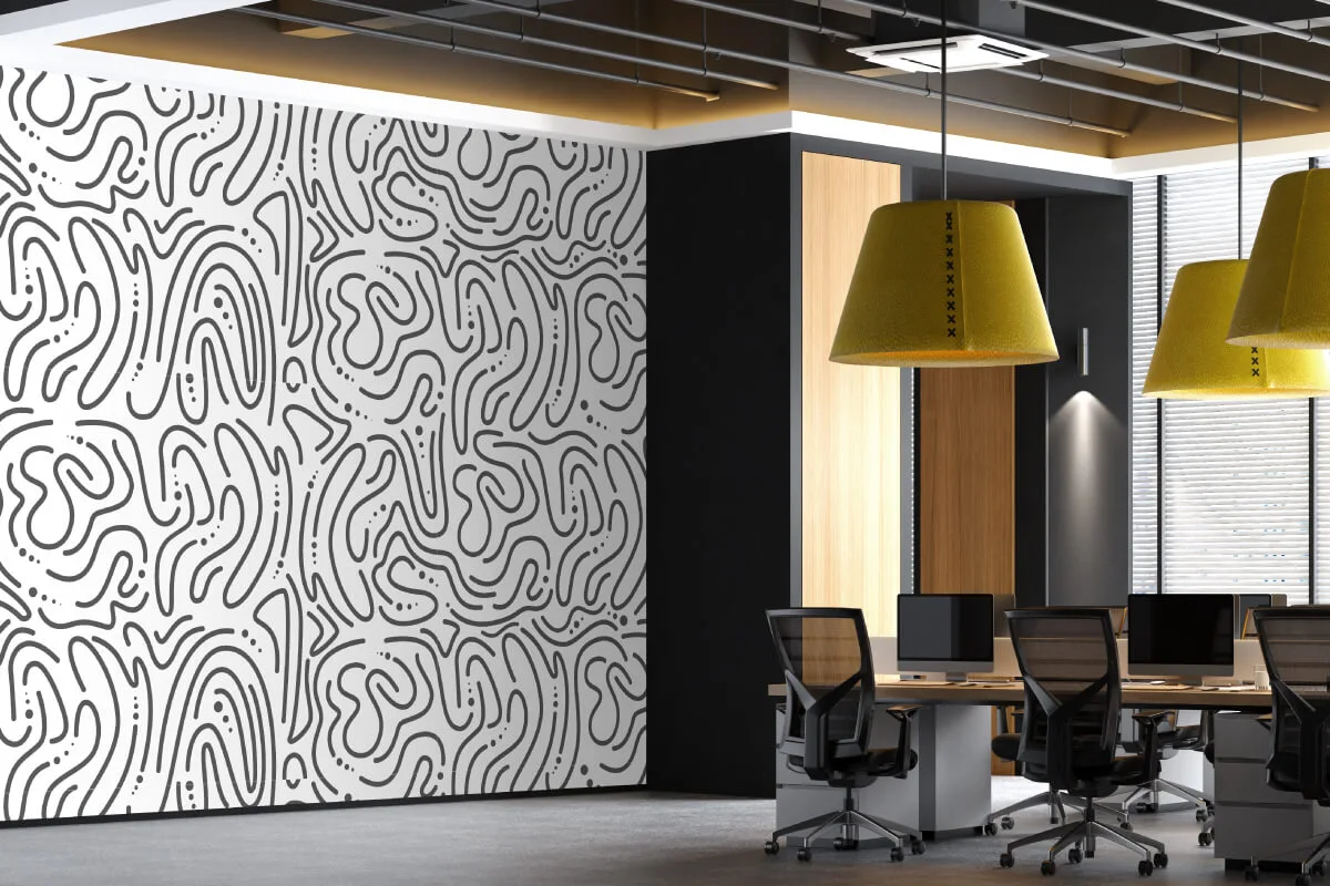 Modern office interior design with custom-printed wallpaper and stylish lighting.
