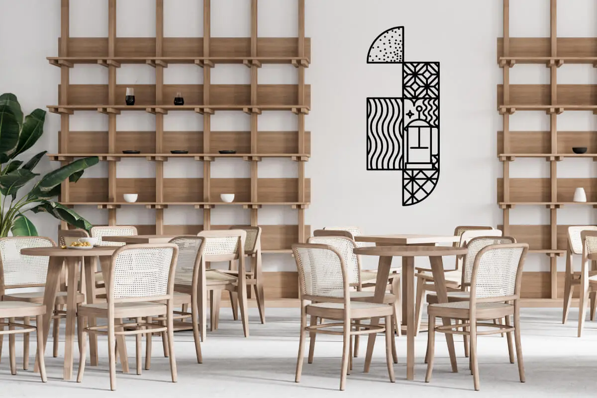 A custom interior design of a coffee shop with custom-made wall decoration.