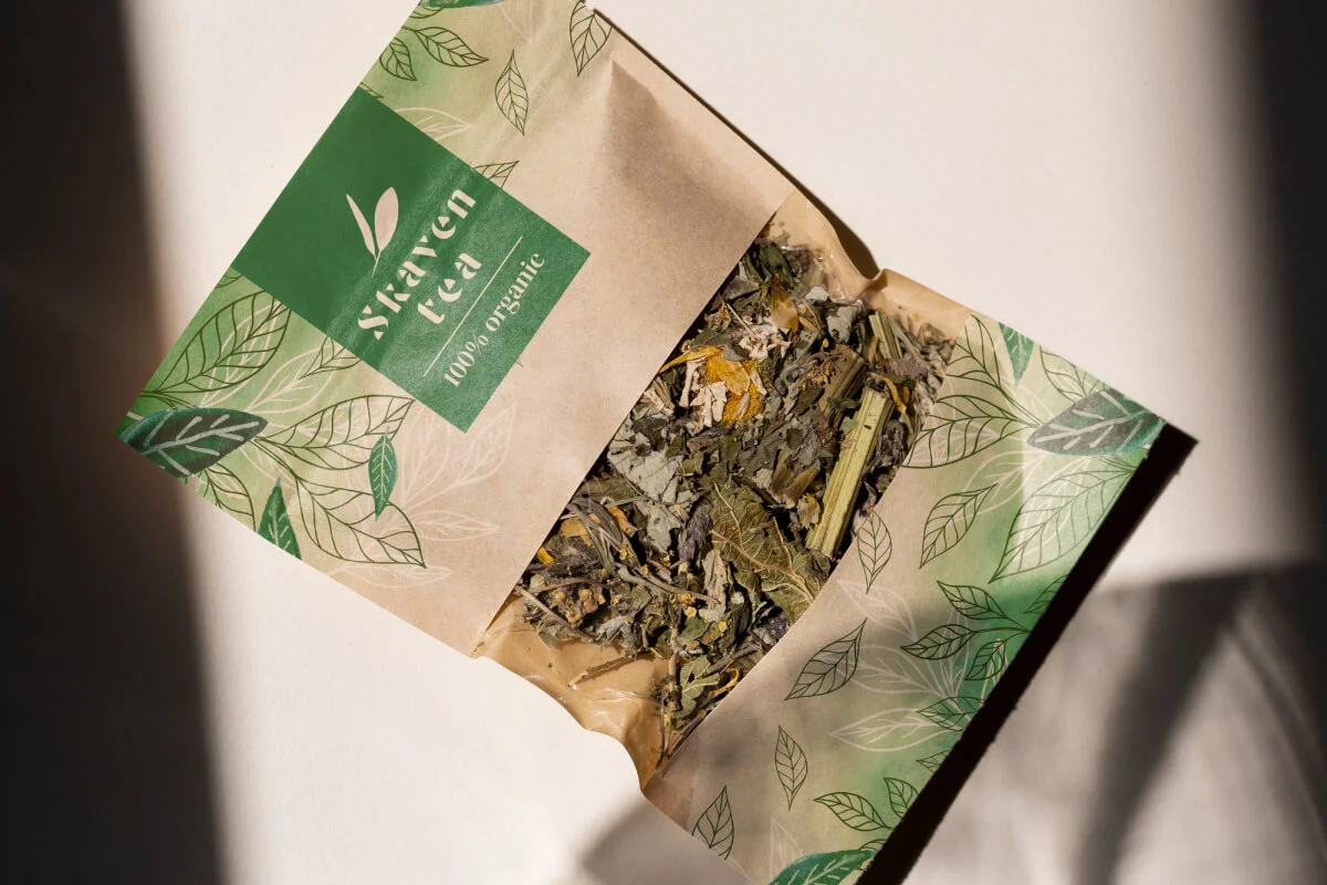 Branded tea package with custom print for employer branding.