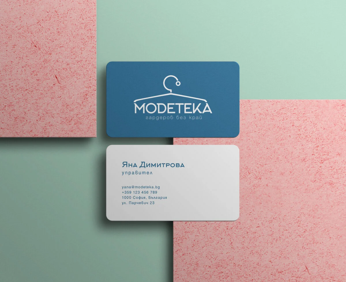 A visualisation of MODETEKA's business cards design.