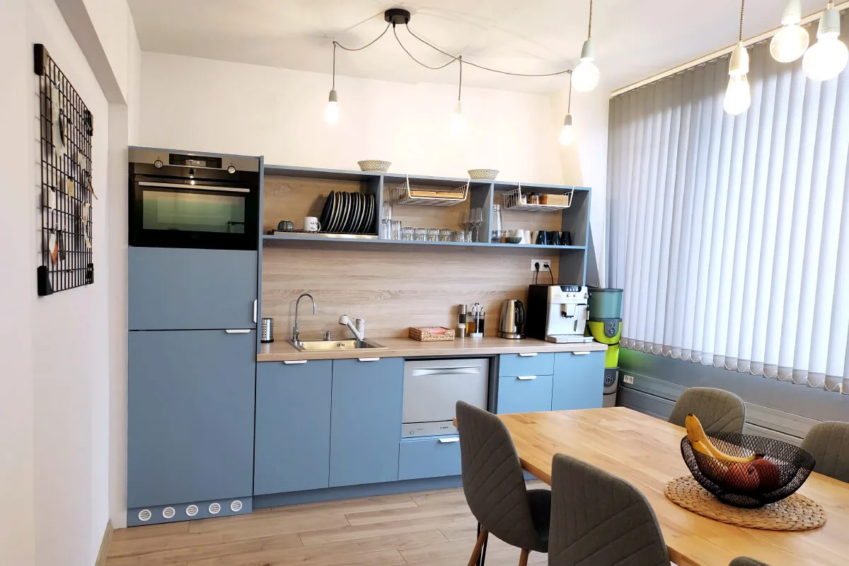 A front view of the custom-made kitchen for the Parachut's office.