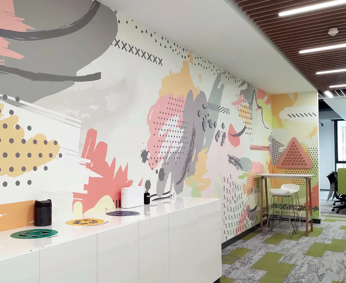 A custom wallpaper with 3D interactive game we designed and installed for one of the print areas in the VMware offices.