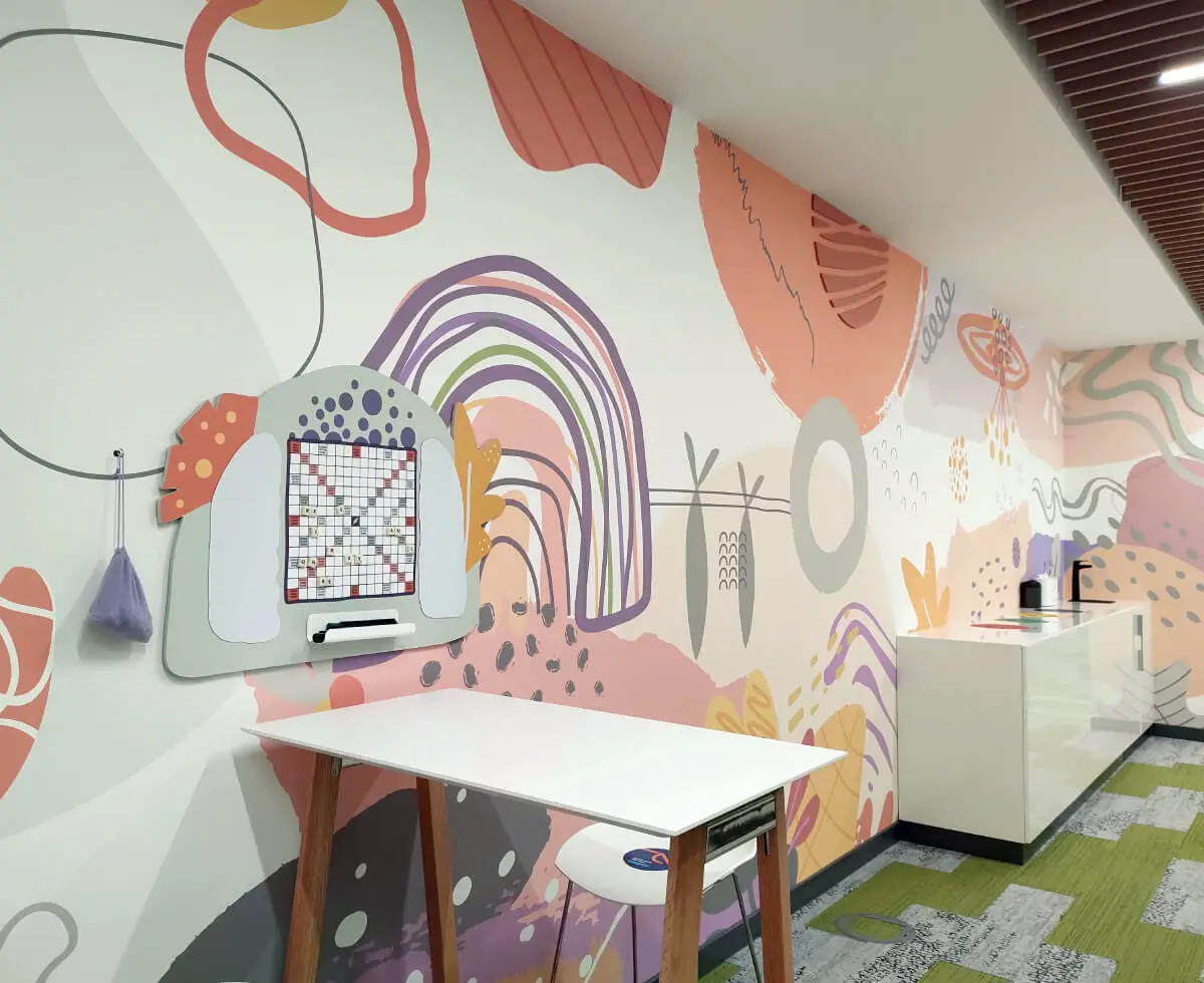 A custom wallpaper with 3D interactive scrabble we designed and installed for one of the print areas in the VMware offices.