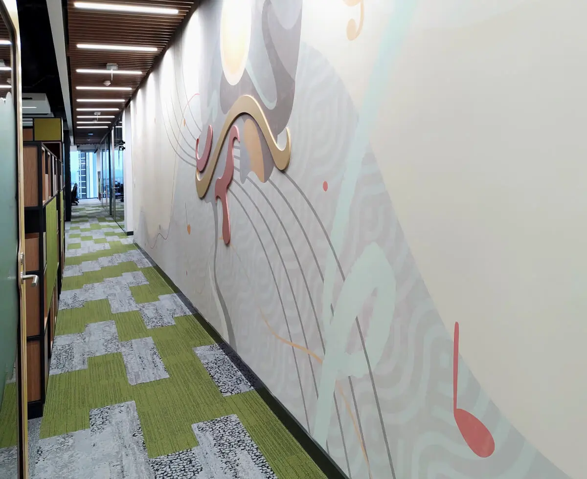 A custom wallpaper with 3D ornaments we designed and installed for one of the hallways in the VMware offices.