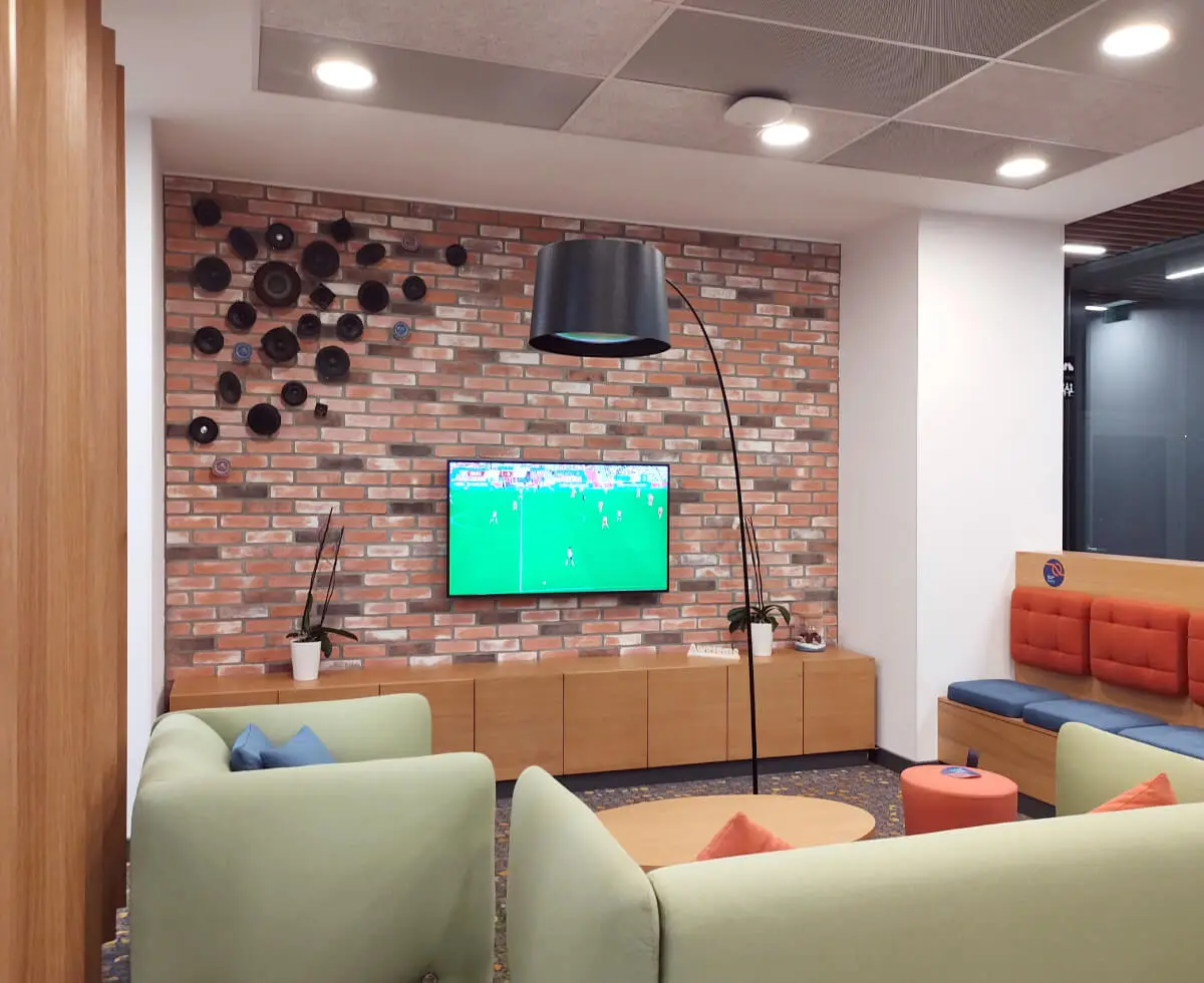 A wall decoration made from speakers we designed and installed for one of the relax zones in the VMware offices.