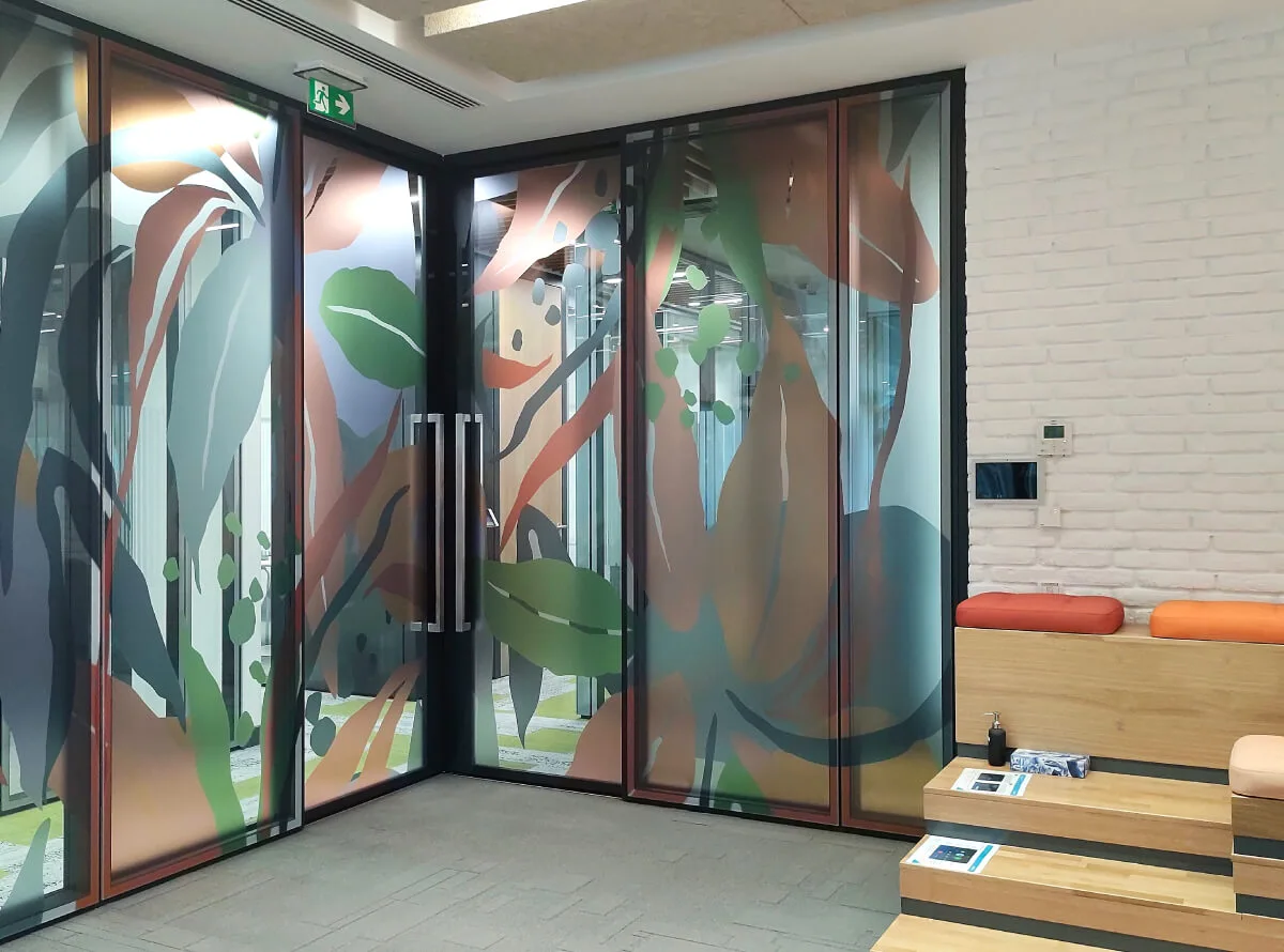 A custom glass frosting we designed for one of the meeting rooms in the VMware offices.