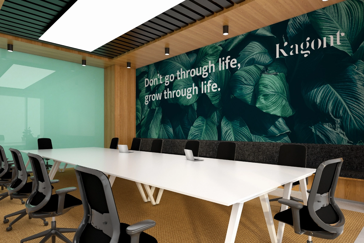 Custom-printed wallpaper in a modern meeting room.