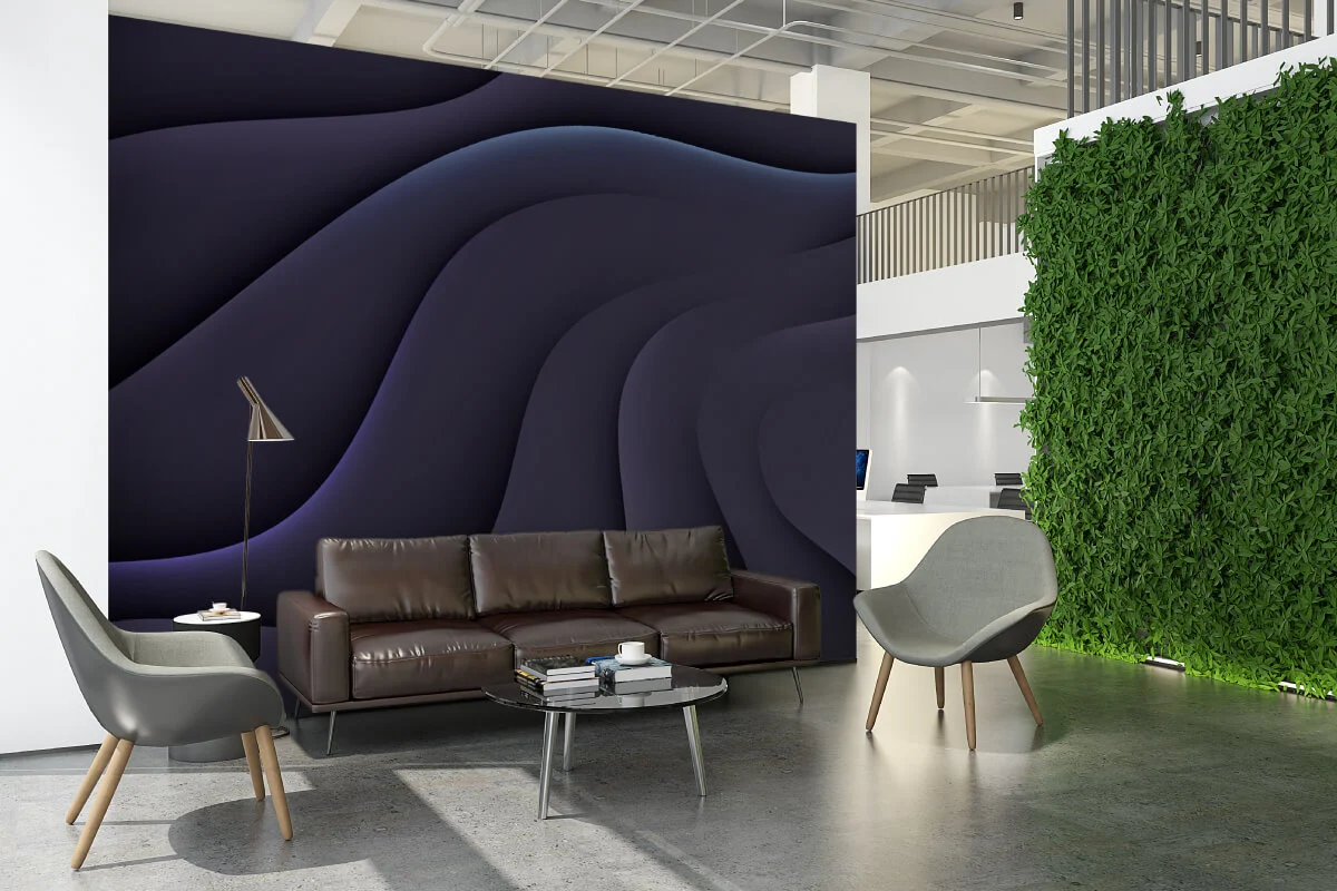 Green vertical garden and custom-printed wallpaper in a modern office lobby.