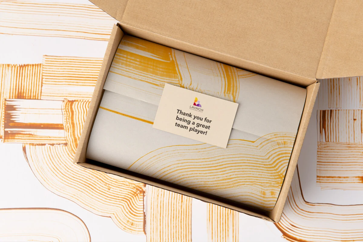 Branded gift box with custom logo print for employer branding.
